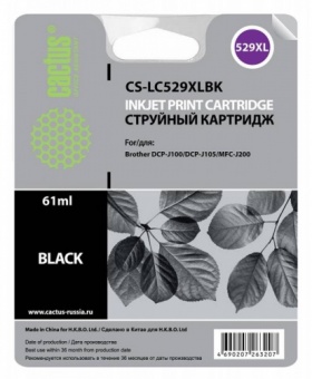 Картридж струйный Cactus CS-LC529XLBK черный для Brother DCP-J100/J105/J200 (58мл)