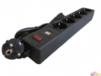 Сетевой фильтр с USB, 10А, 2 200 Вт, 5 розеток, длина 1,8 м, черный (SBSP-18U-K)